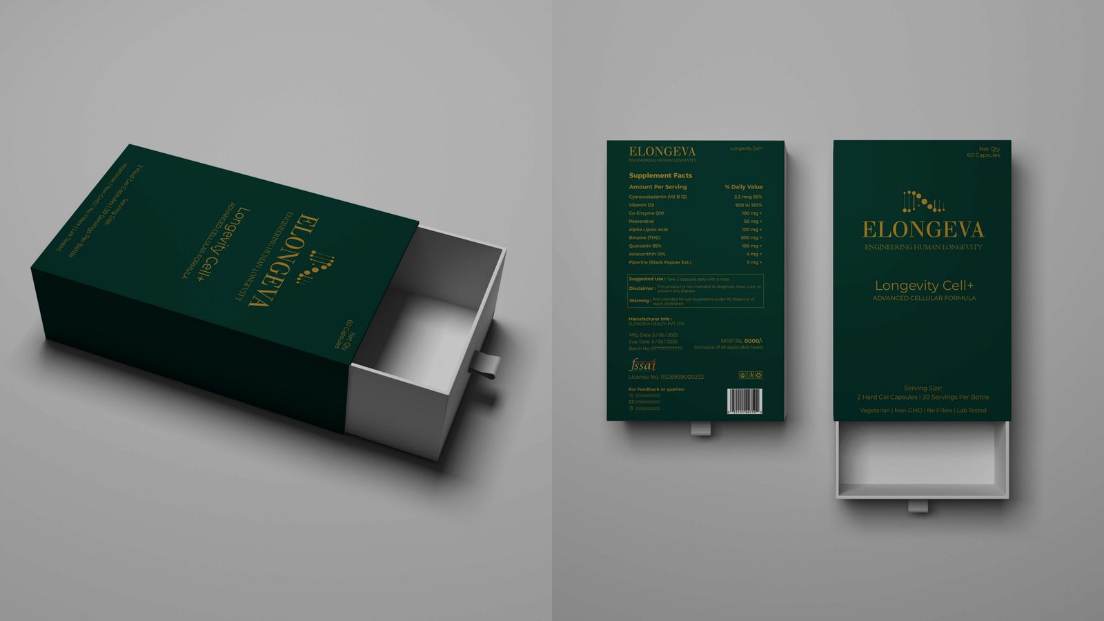 Elongeva — premium longevity supplement packaging